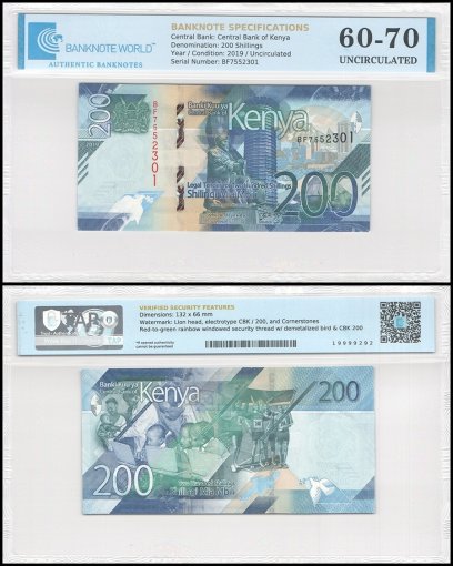 Kenya 200 Shillings Banknote, 2019, P-54, UNC, TAP 60-70 Authenticated