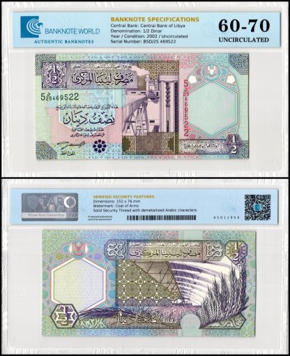 Libya 1/2 Dinar Banknote, 2002 ND, P-63, UNC, TAP 60-70 Authenticated