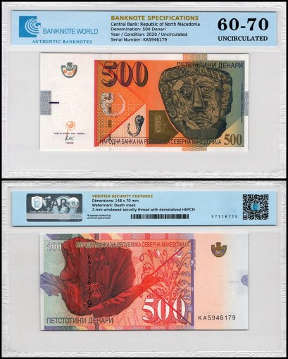 North Macedonia 500 Denari Banknote, 2020, P-31, UNC, TAP 60-70 Authenticated