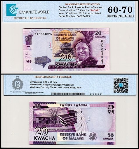 Malawi 20 Kwacha Banknote, 2016, P-63c, UNC, Radar Serial #BA5204025, TAP 60-70 Authenticated