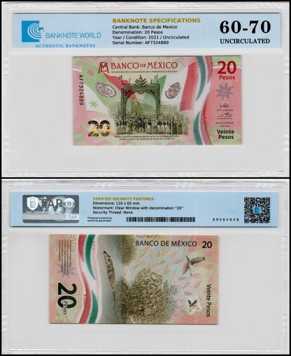 Mexico 20 Pesos Banknote, 2021, P-132a.3, UNC, Commemorative, Polymer, TAP 60-70 Authenticated