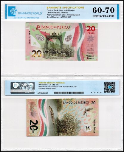 Mexico 20 Pesos Banknote, 2021, P-132a.5, UNC, Commemorative, Polymer, TAP 60-70 Authenticated