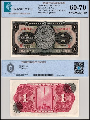 Mexico 1 Peso Banknote, 1957, P-59a.2, UNC, Series GB, TAP 60-70 Authenticated