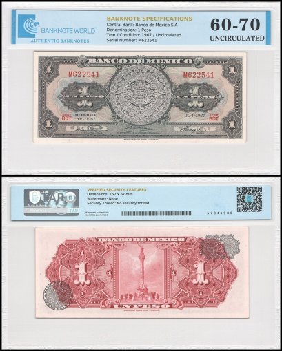 Mexico 1 Peso Banknote, 1967, P-59j.5, UNC, Series BDT, TAP 60-70 Authenticated