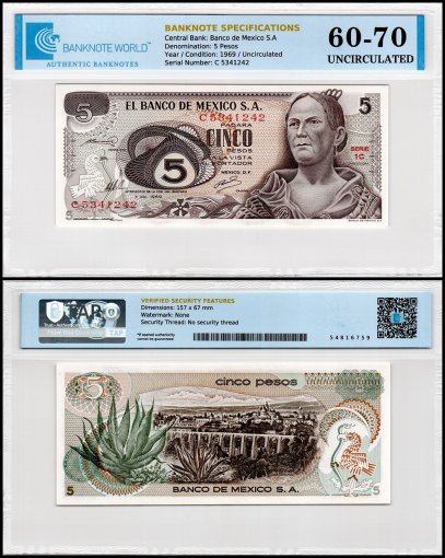 Mexico 5 Pesos Banknote, 1969, P-62a.1, UNC, Series 1C, TAP 60-70 Authenticated