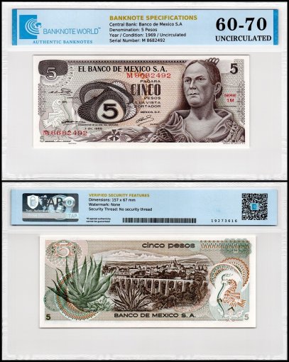 Mexico 5 Pesos Banknote, 1969, P-62a.2, UNC, Series 1M, TAP 60-70 Authenticated