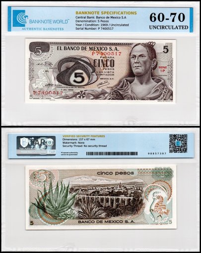 Mexico 5 Pesos Banknote, 1969, P-62a.2, UNC, Series 1P, TAP 60-70 Authenticated