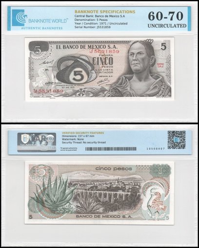 Mexico 5 Pesos Banknote, 1971, P-62b.2, UNC, Series 1AJ, TAP 60-70 Authenticated