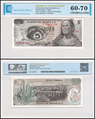 Mexico 5 Pesos Banknote, 1971, P-62b.2, UNC, Series 1AL, TAP 60-70 Authenticated