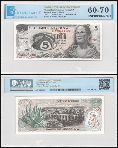 Mexico 5 Pesos Banknote, 1972, P-62c.1, UNC, Series 1AU, TAP 60-70 Authenticated