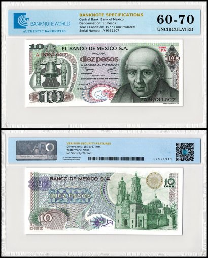 Mexico 10 Pesos Banknote, 1977, P-63i.3, UNC, Series 1FA, TAP 60-70 Authenticated
