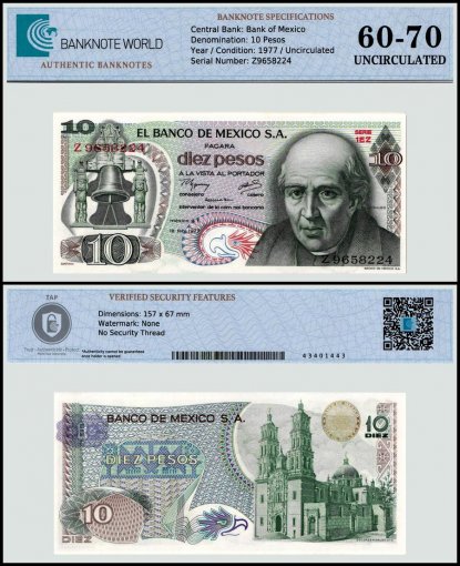 Mexico 10 Pesos Banknote, 1977, P-63i.3, UNC, Series 1EZ, TAP 60-70 Authenticated