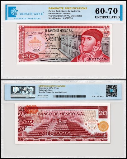 Mexico 20 Pesos Banknote, 1977, P-64d.1, UNC, Series CX, TAP 60-70 Authenticated