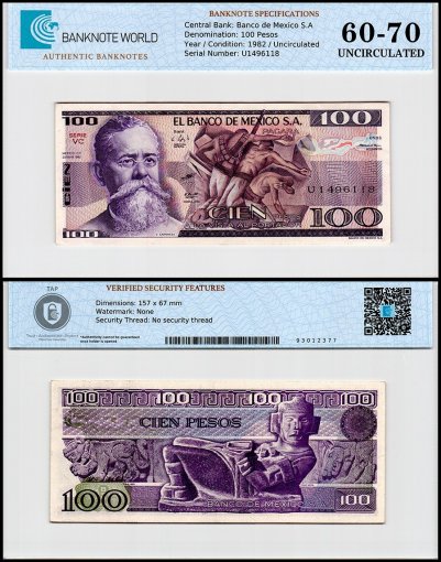 Mexico 100 Pesos Banknote, 1982, P-74c.18, UNC, Series VC, TAP 60-70 Authenticated