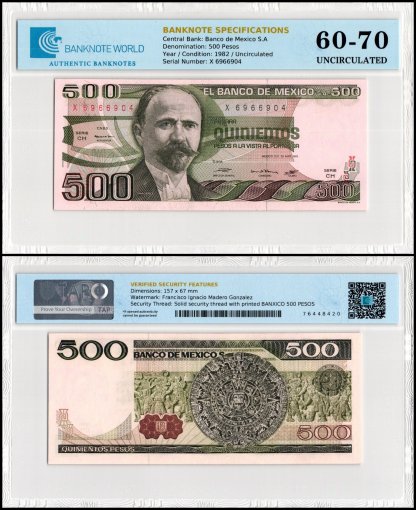 Mexico 500 Pesos Banknote, 1982, P-75b.8, UNC, Series CH, TAP 60-70 Authenticated