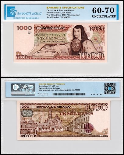 Mexico 1,000 Pesos Banknote, 1983, P-80a.18, UNC, Series UQ, TAP 60-70 Authenticated