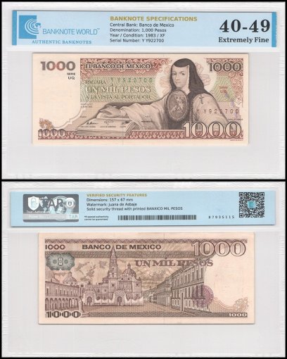 Mexico 1,000 Pesos Banknote, 1983, P-80a.18, XF-Extremely Fine, Series UQ, TAP 40-49 Authenticated