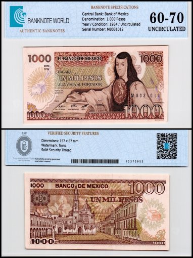 Mexico 1,000 Pesos Banknote, 1984, P-81a.6, UNC, Series VW, TAP 60-70 Authenticated