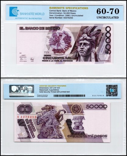 Mexico 50,000 Pesos Banknote, 1990, P-93b.5, UNC, Series HJ, TAP 60-70 Authenticated