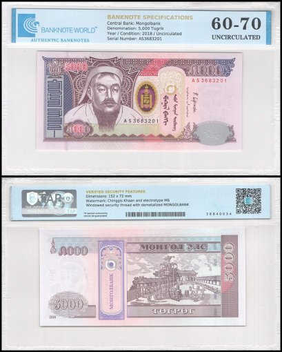 Mongolia 5,000 Tugrik Banknote, 2018, P-68d, UNC, TAP 60-70 Authenticated