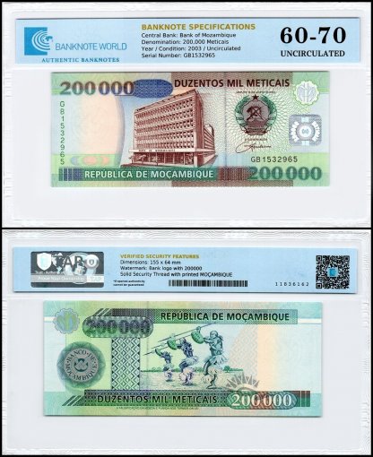 Mozambique 200,000 Meticais Banknote, 2003, P-141, UNC, TAP 60-70 Authenticated