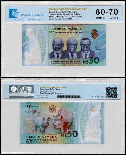 Namibia 30 Namibia Dollars Banknote, 2020, P-18, UNC, Commemorative, Polymer, TAP 60-70 Authenticated