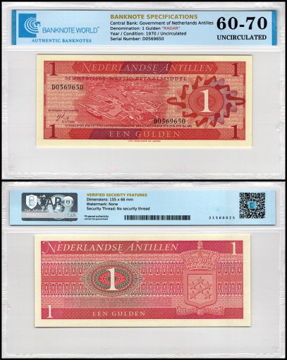 Netherlands Antilles 1 Gulden Banknote, 1970, P-20, UNC, Radar Serial #D0569650, TAP 60-70 Authenticated