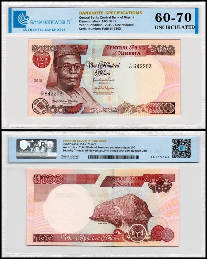 Nigeria 100 Naira Banknote, 2010, P-28j.1, UNC, TAP 60-70 Authenticated