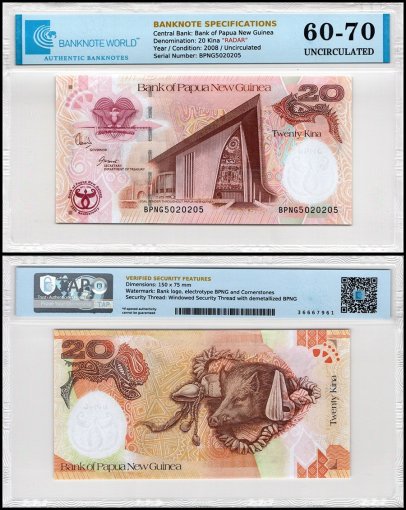 Papua New Guinea 20 Kina Banknote, 2008, P-36, UNC, Commemorative, Radar Serial #, TAP 60-70 Authenticated