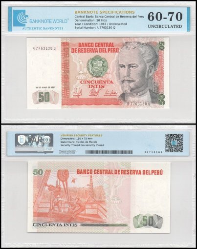 Peru 50 Intis Banknote, 1987, P-131b, UNC, TAP 60-70 Authenticated
