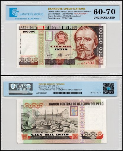 Peru 100,000 Intis Banknote, 1989, P-145z, UNC, Replacement, TAP 60-70 Authenticated