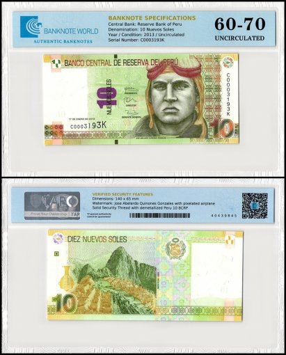 Peru 10 Nuevos Soles Banknote, 2013, P-187, UNC, TAP 60-70 Authenticated