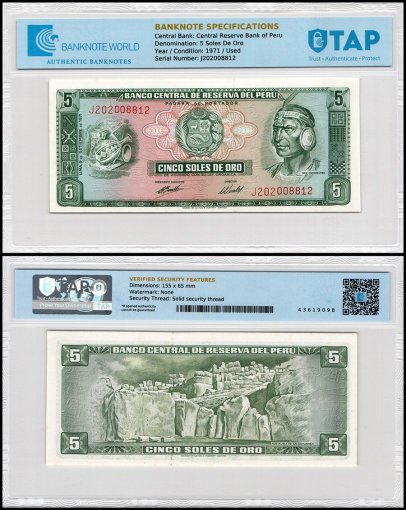 Peru 5 Soles De Oro Banknote, 1971, P-99b.2, Used, TAP Authenticated