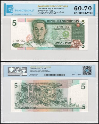 Philippines 5 Piso Banknote, 1985-1994 ND, P-168b, UNC, TAP 60-70 Authenticated