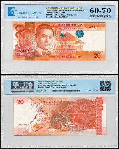 Philippines 20 Piso Banknote, 2016J, P-206a.14, UNC, TAP 60-70 Authenticated