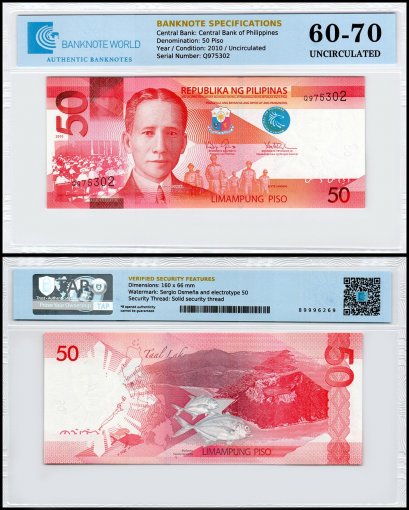 Philippines 50 Piso Banknote, 2010, P-207a.1, UNC, TAP 60-70 Authenticated