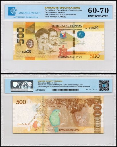 Philippines 500 Piso Banknote, 2020, P-227a.1, UNC, TAP 60-70 Authenticated