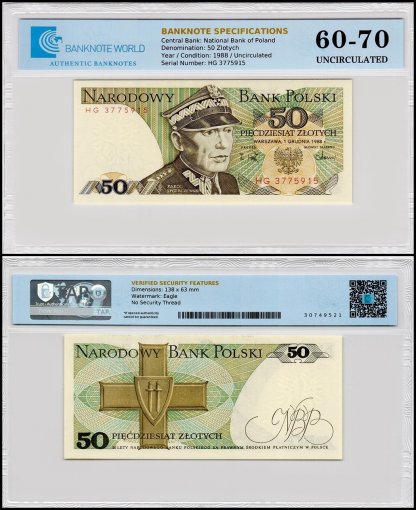 Poland 50 Zlotych Banknote, 1988, P-142c.2, UNC, TAP 60-70 Authenticated