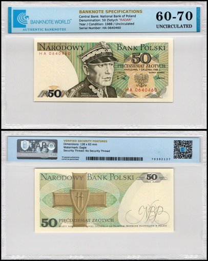 Poland 50 Zlotych Banknote, 1988, P-142c.2, UNC, Radar Serial #, TAP 60-70 Authenticated