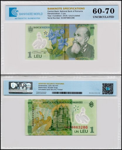 Romania 1 Leu Banknote, 2019 , P-117l, UNC, TAP 60-70 Authenticated