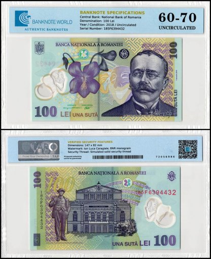 Romania 100 Lei Banknote, 2018, P-121i, UNC, Polymer, TAP 60-70 Authenticated