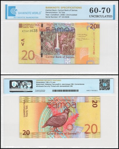 Samoa 20 Tala Banknote, 2008 ND, P-40a, UNC, Commemorative, TAP 60-70 Authenticated