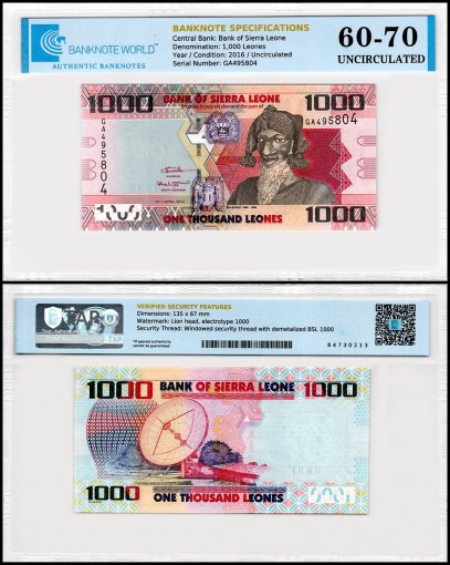 Sierra Leone 1,000 Leones Banknote, 2016, P-30c, UNC, TAP 60-70 Authenticated