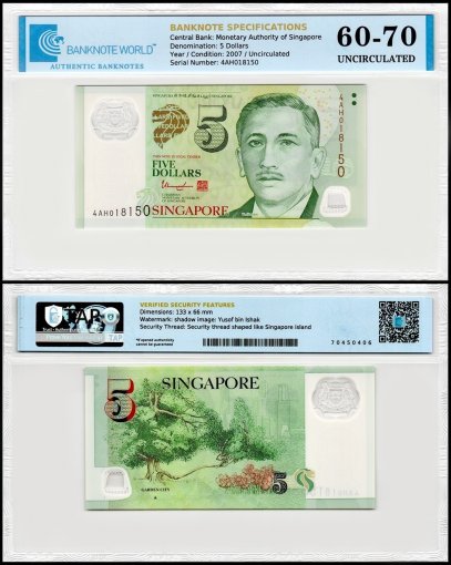 Singapore 5 Dollars Banknote, 2007-2020 ND, P-47d, UNC, Polymer, TAP 60-70 Authenticated