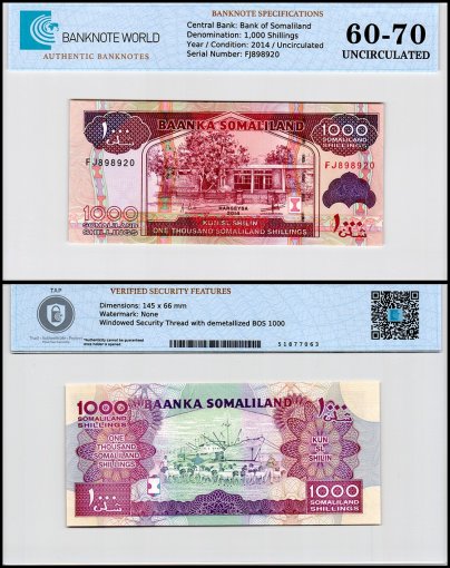 Somaliland 1,000 Shillings Banknote, 2014, P-20c, UNC, TAP 60-70 Authenticated