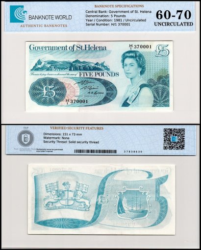 St. Helena 5 Pounds Banknote, 1981 ND, P-7b, UNC, TAP 60-70 Authenticated