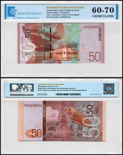 St. Thomas & Prince 50 Dobras Banknote, 2016, P-73, UNC, TAP 60-70 Authenticated