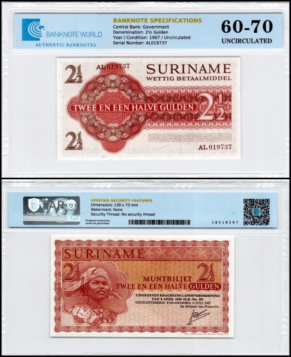 Suriname 2 1/2 Gulden Banknote, 1967, P-117b, UNC, TAP 60-70 Authenticated