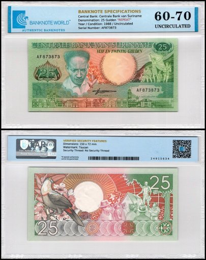 Suriname 25 Gulden Banknote, 1988, P-132b, UNC, Repeating Serial #, TAP 60-70 Authenticated