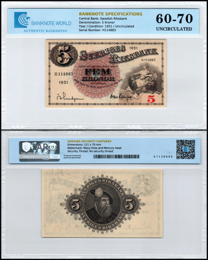 Sweden 5 Kronor Banknote, 1951, P-33ah.8, UNC, TAP 60-70 Authenticated